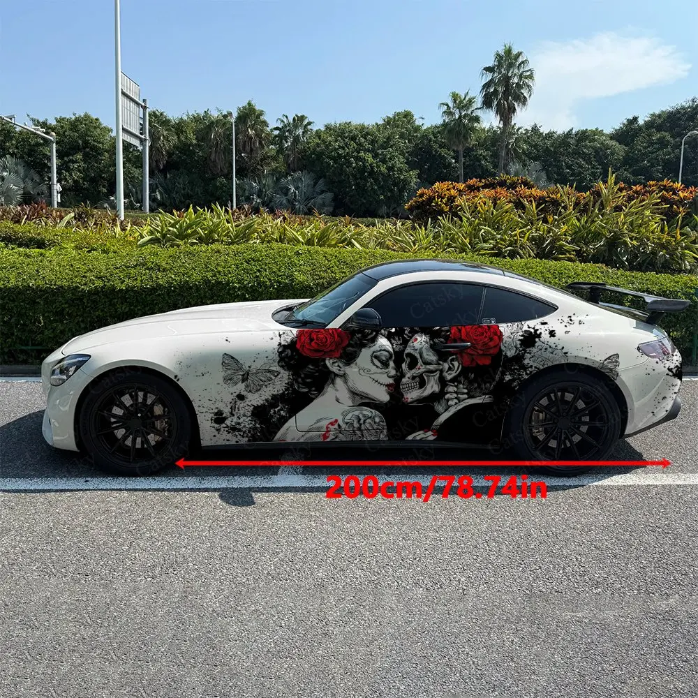 2pcs Skull Lovers Couple Red Rose Car Side Wraps, Self-Adhesive PVC Waterproof & Scratch-Resistant Stickers, Car Accessory Gift