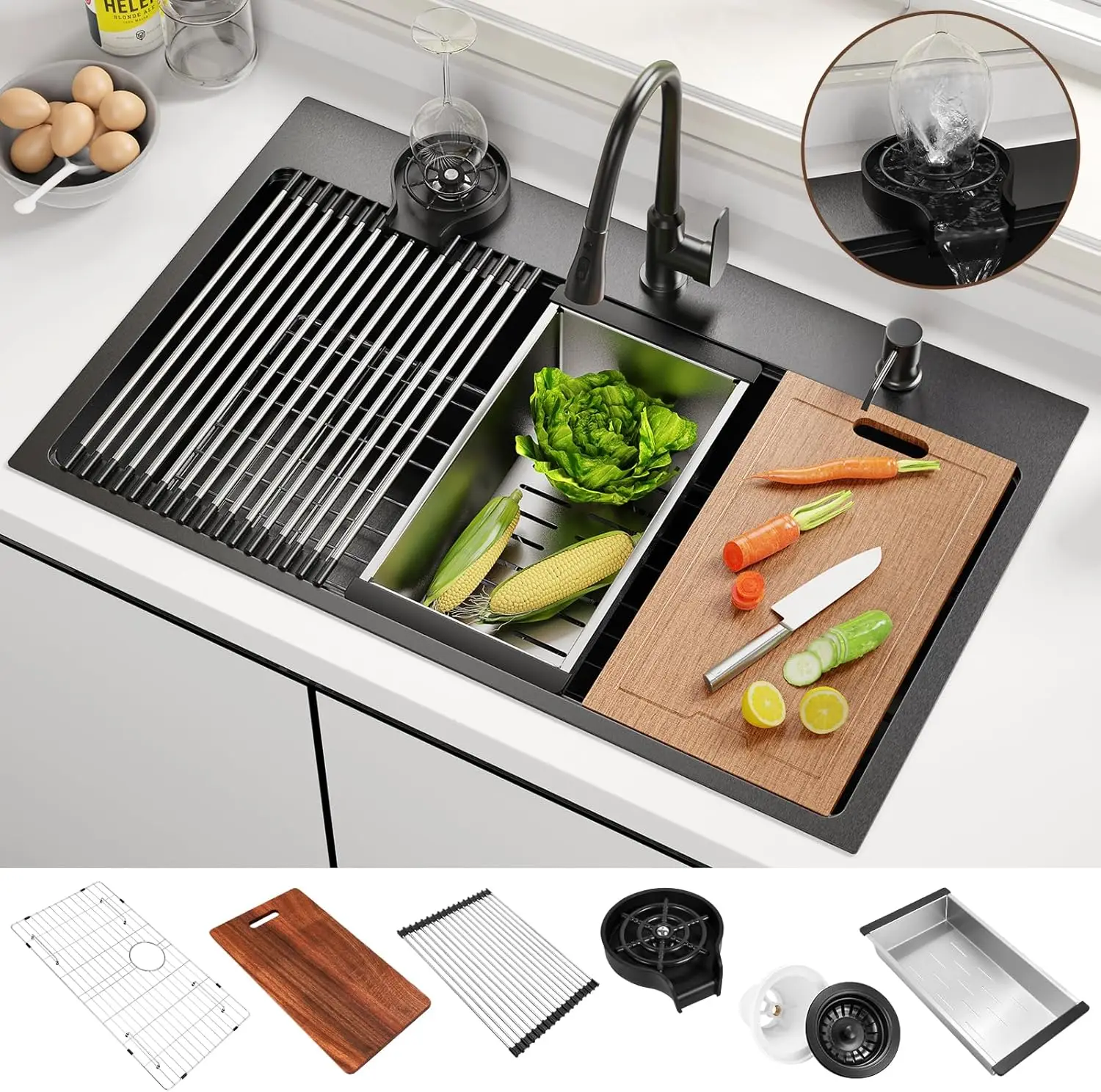 

Black Stainless Steel Kitchen Sink 33x22 Inch Single Bowl Drop In Top Mount Workstation With Six Accessories Including Glass Rin