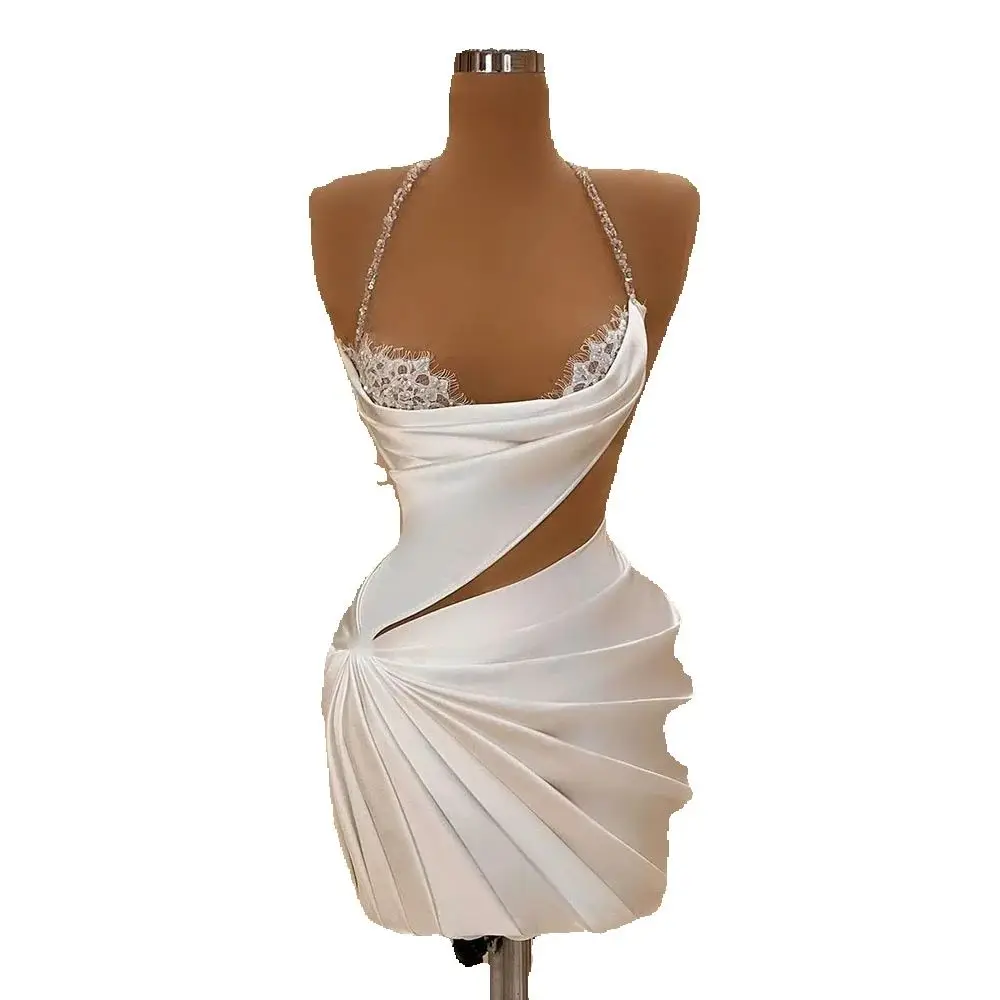 Sexy Halter White Prom Dresses Mini Skirts Above Knee Pleat Lace Illusion Special Occasion Cocktail Dress For Women