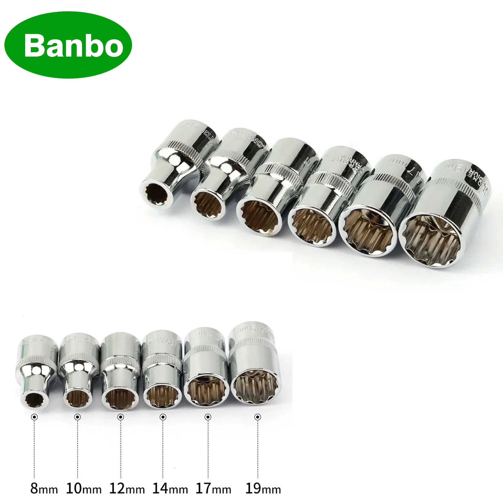 

6Pcs 12 Point 1/2 Inch Drive Sockets Set Metric Mirror Socket for Wrench Cr-V Steel 8 10 12 14 17 19mm