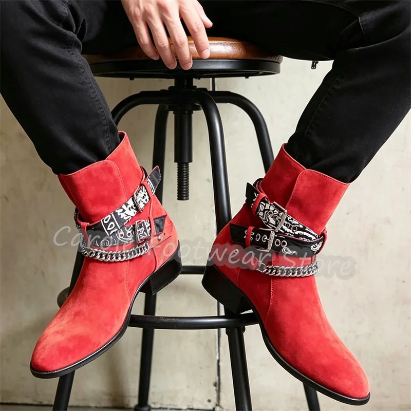 Fashion Metal Chain Belt Buckle Chelsea Boots for Men High Top Chunky Heel Genuine Leather Boots Male Catwalk Party Dress Shoes