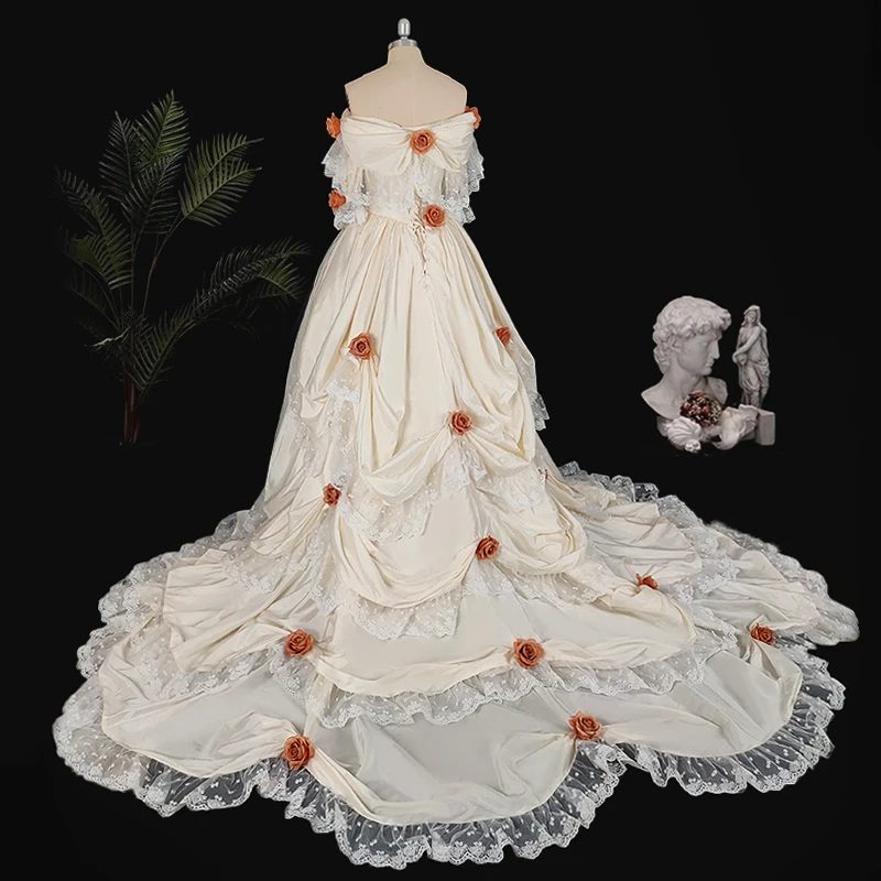 2373 #   Personalizado vintage 1920s 3d flores rendas vestido de baile para mulher plissado tafetá vestido de casamento com espartilho volta 2024