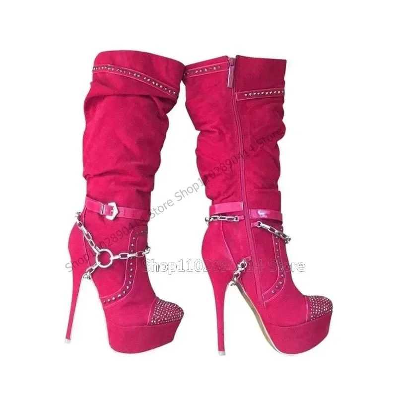 

Rose Red Chain Rivets Decor Platform Boots Side Zipper Women Shoes Stilettos High Heels Fashion Sexy 2023 Zapatos Para Mujere