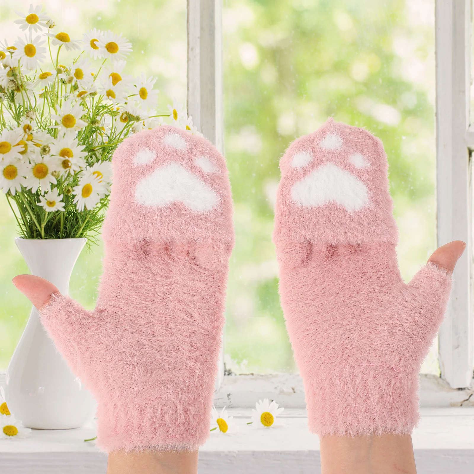 

1 Pair Cat Paw Gloves For Women Winter Warm Knitted Convertible Mittens Half Finger Thermal Gloves Flipping Hand Warmer Cycling