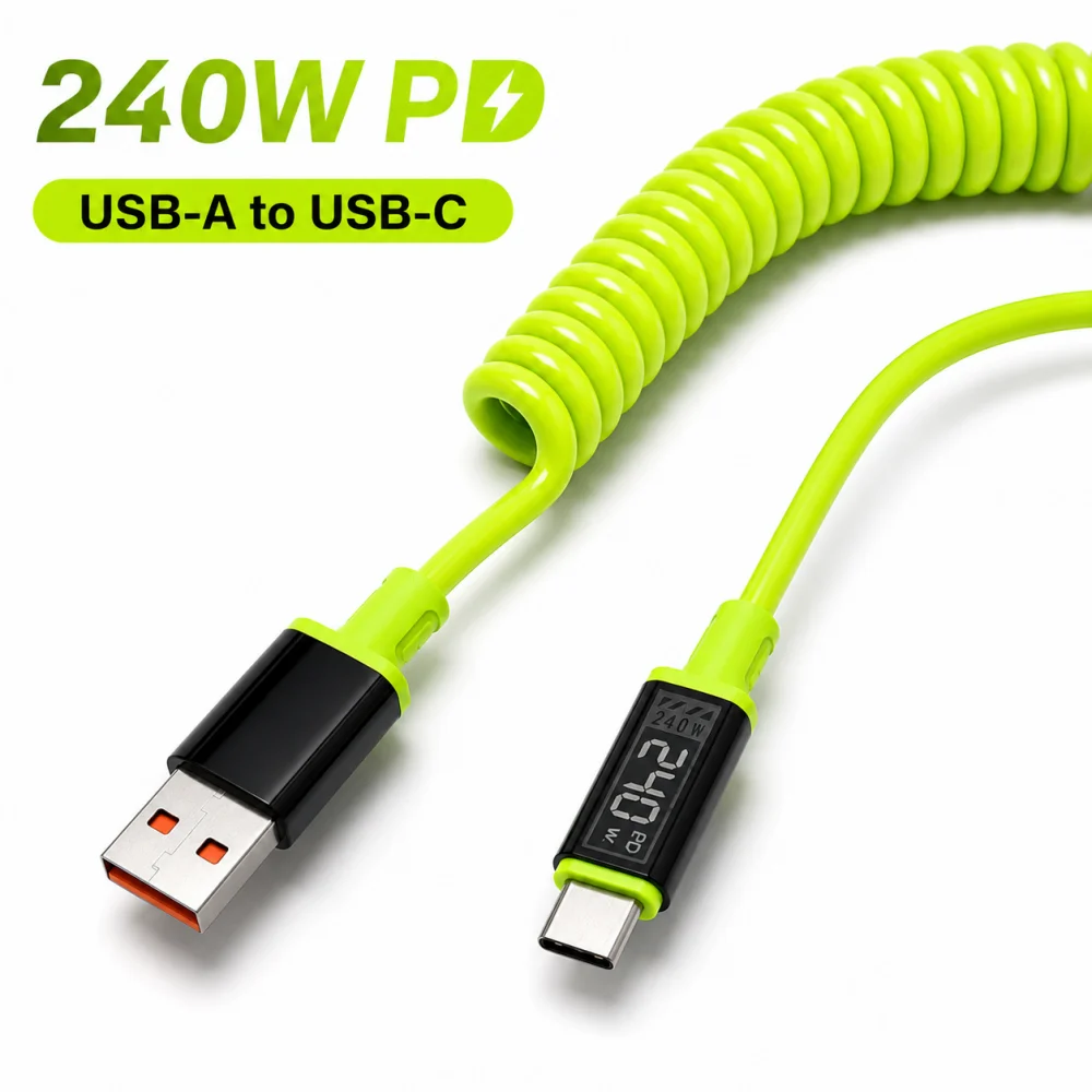 240W USB-C-Kabel mit Federmechanismus, PD-Schnellladung, Teleskop-Datenkabel für iPhone, Samsung, Xiaomi, Huawei, C-zu-C-Kabel