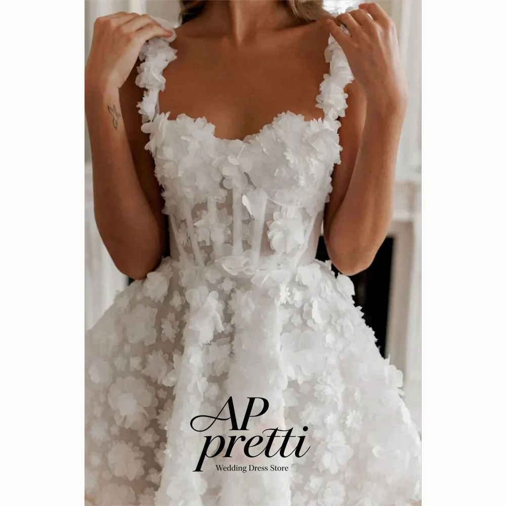 AP pretti Customized Romantic Sweetheart Collar 3D Floral Spaghetti Strap Wedding Dresses For Woman Lace A‑Line Mini Bridal Gown