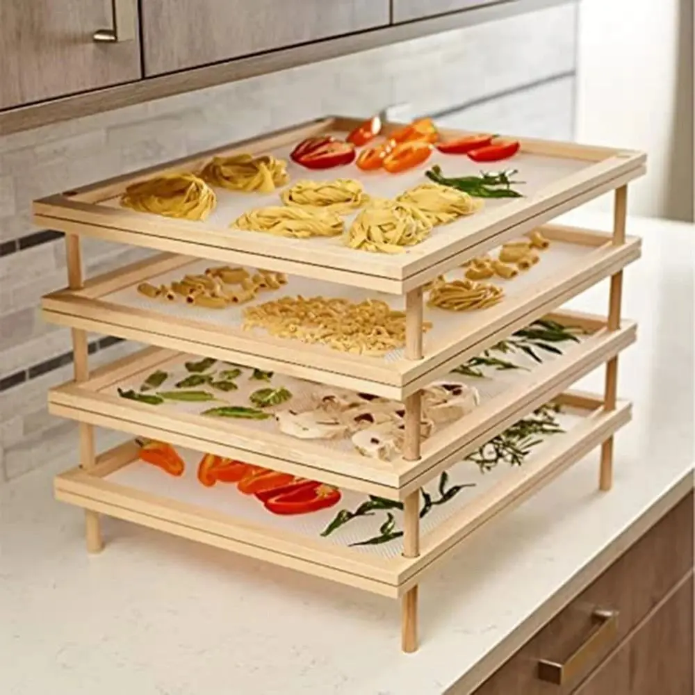 

Wooden 2-Tier Food-Dryer Holder Stackable Detachable Mesh Food Dryer Holder Air Circulation Anti Skid Legs