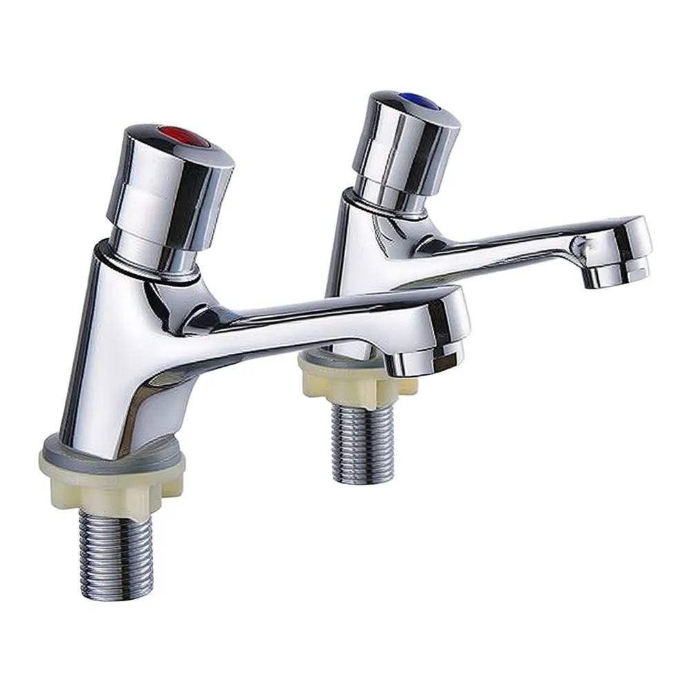Self Closing Brass Faucet Set G1/2 Silver Dual Hole Water Saving Tap For Bathroom Basin Sink Commercial Restroom Plumbing Fixtur