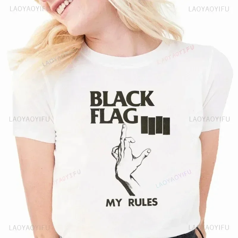 Black Flag My Rules Punk Rock Band Graphic Vintage Comfortable Short Sleeve Women's Tops Summer Amusing Casual Printed tshirt