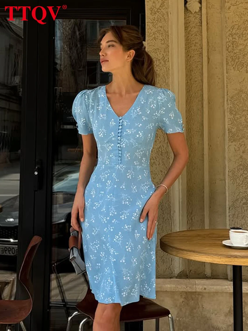

TTQV Fashion Slim Print Women's Dress 2026 Summer V-Neck Short Sleeve Mini Dresses Elegant Classic Female Dress Streetwear