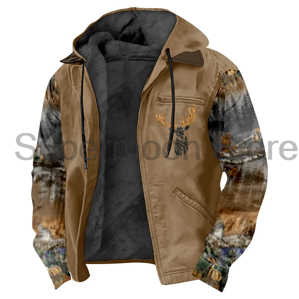 Camouflage Elk Print Deer Hunting Zipper Hoodies Long Sleeve Streetwear Women Men Jacket Parkas Unisex Winter Coat