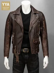 Mens Cowhide Genuine Leather Jacket Streetwear Punk Motorcycle Short Coat Autumn Zipper Slim Vintage Pilot Jacket Size 5XL 6XL
