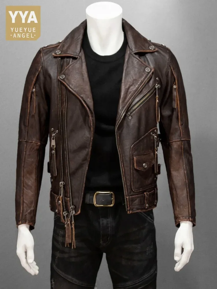 Męska kurtka z prawdziwej skóry bydlęcej Streetwear Punk motocyklowy krótki płaszcz jesienny zamek błyskawiczny Slim Vintage kurtka pilotka rozmiar 5XL 6XL