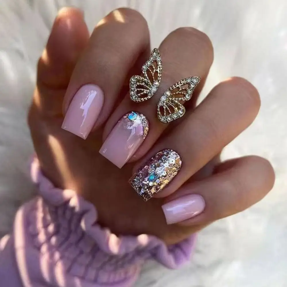 Fashion Sequins Square Head False Nails Set Press On Nails French Light Blue Fake Nail Tips With Designs Rhinestones Manicure