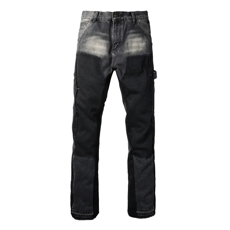 Trendy and Individual, Retro Color-blocking Fashion, Micro-flare, Non-elastic, Slim-fit European and American Men's Jeans.