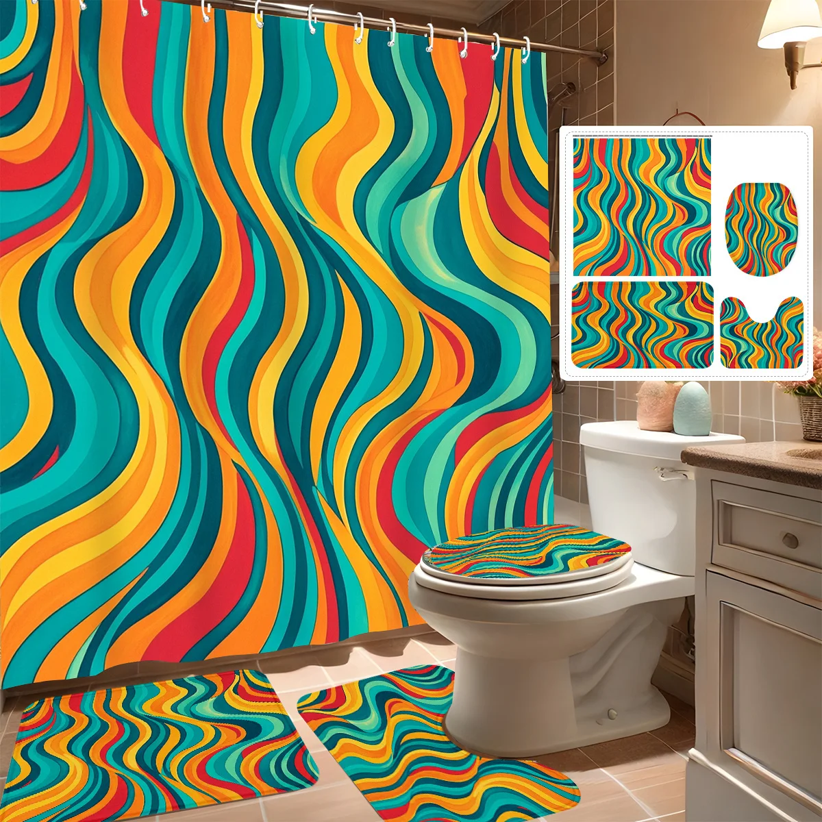 

4pcs Shower Curtain Set, Abstract Rainbow Wave Texture, Modern Bathroom Decor, Includes 12 Hooks, Non-Slip Bath Mat, U-Shape
