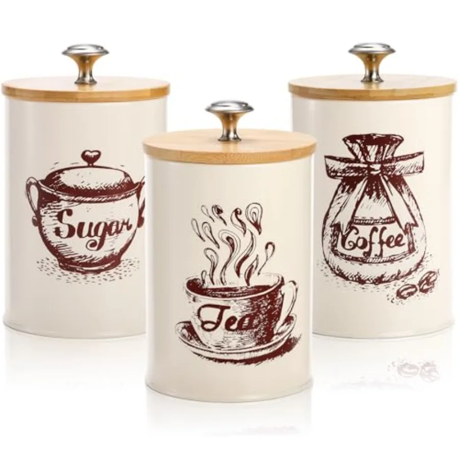 

Youeon Small Canister Sets for Kitchen Counter 25 Oz Coffee Sugar Tea Canister Set Metal Vintage Kitchen Container 3 Pack Food