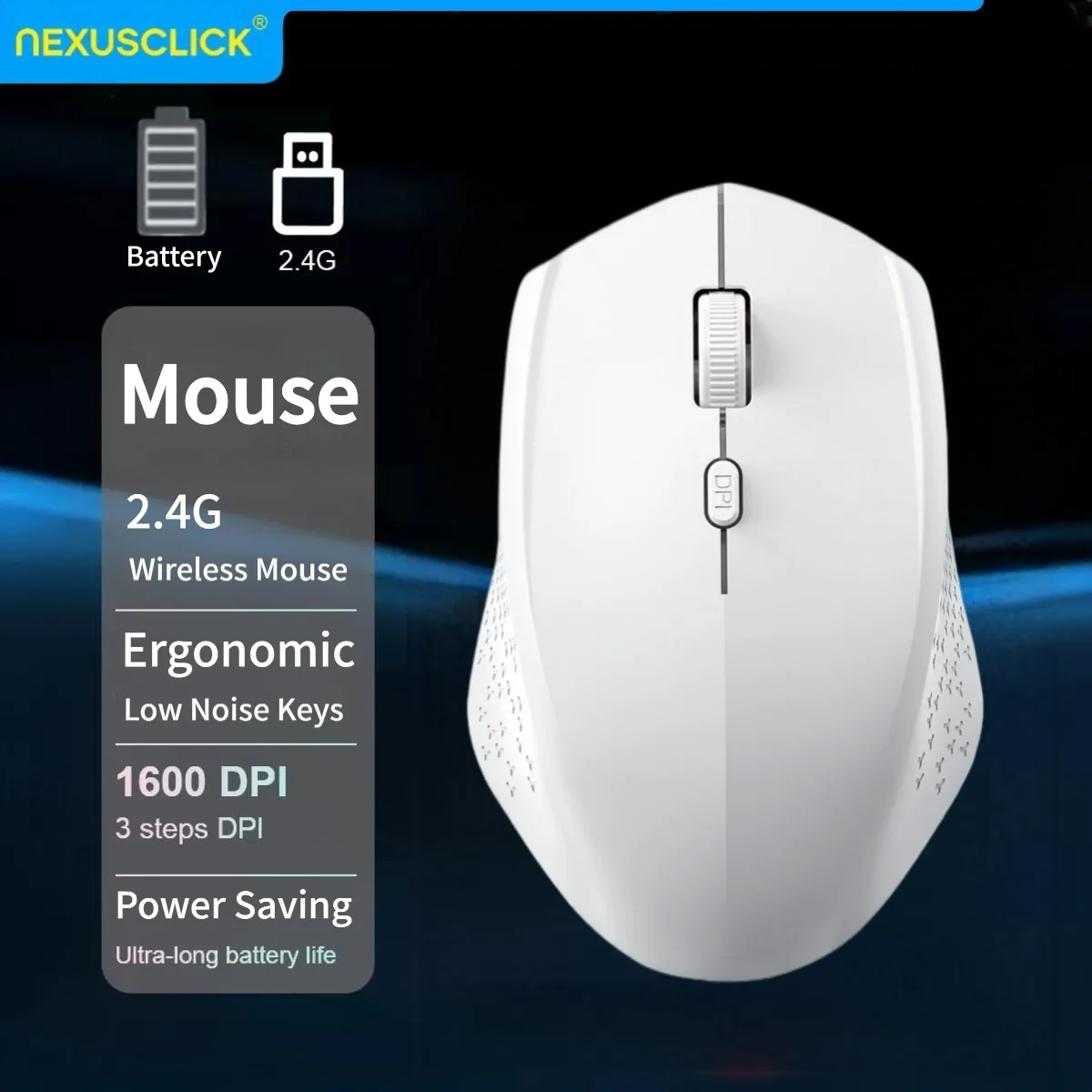 NexusClick Ergonomic 2.4G Wireless Office Mouse, 1600DPI Optical AA Battery Mice for MacBook Computer Laptop Tablet Accessories