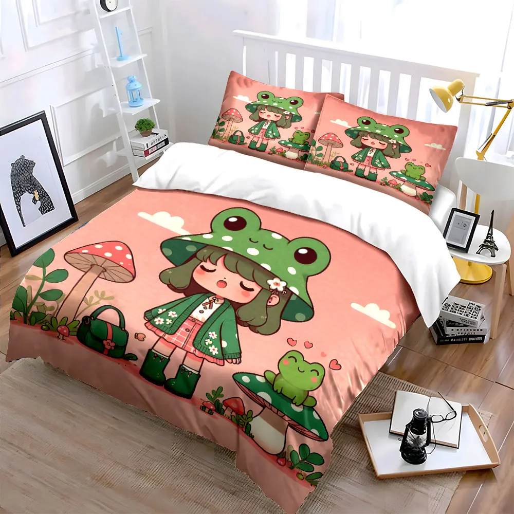 Cute girl with frog mushroom forest Pattern Duvet Cover Set Digital Print Colorful Polyester Bedding with Zipper Closur