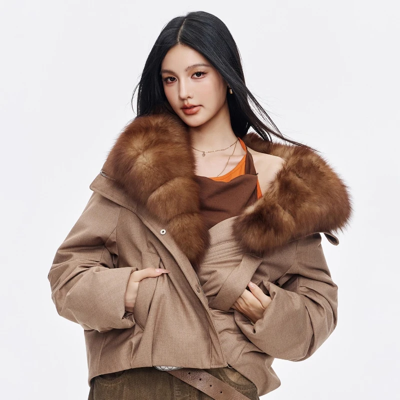 YOLANFAIRY秋冬輸入セーブルフォックスファー襟90グースダウンジャケット通勤スタイルファーダウンコート куртка женская 2025