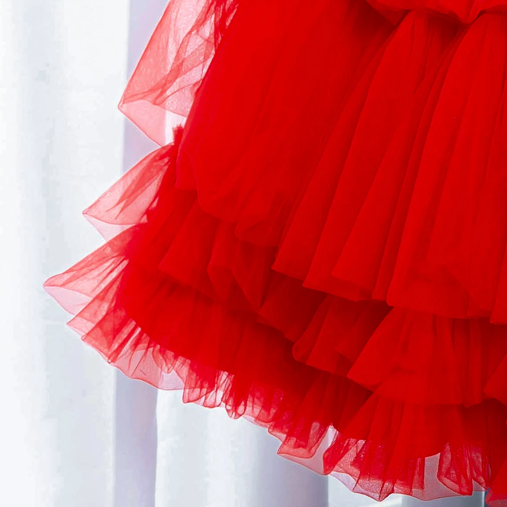 Teen Girls Christmas Party Tutu Dresses Kids Fancy Classic Red Christening Costume Girl Lace Birthday Prom Gown Children Clothes