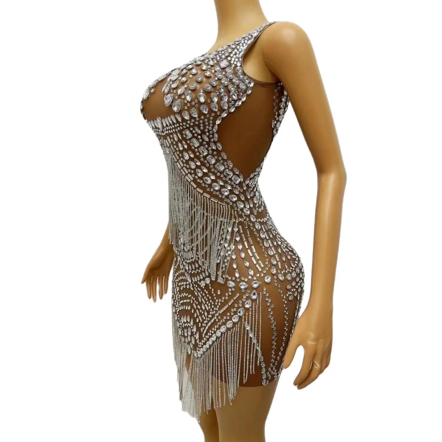 Songhua-vestido de cóctel transparente para mujer, Sexy, brillante, de lujo, con cadena de cuentas, plateado y negro, para fiesta de graduación, 2024