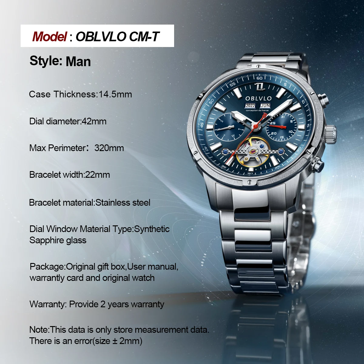 OBLVLO Men Automatic Watches Mechanical Tourbillon Luminous Stainless Steel Strap Sapphire Waterproof Calendar Week Clock CM-T