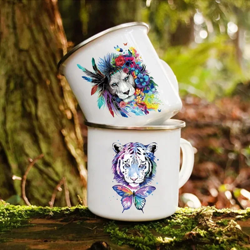 

Watercolor Lion Tiger Printed Mugs Creative Coffee Tea Water Milk Cups Camping Mug Handle Drinkware Outdoor Campfire Cups Gifts