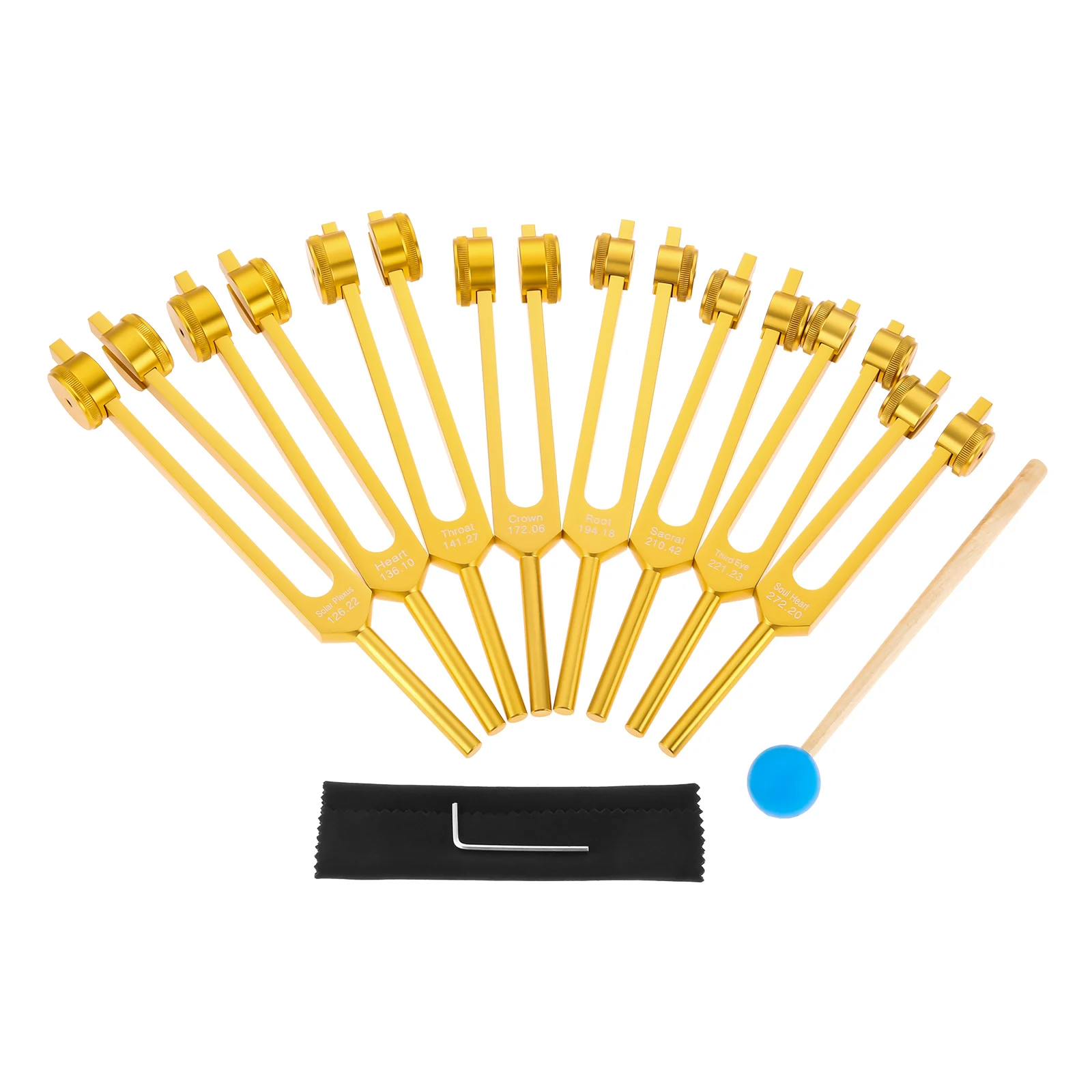 

9pcs/bag Golden Chakras Soul Purpose Wighted Tuning Forks Kit 7 Chakras Silicone Hammer Healing/Sound Therapy/Musical Instrument