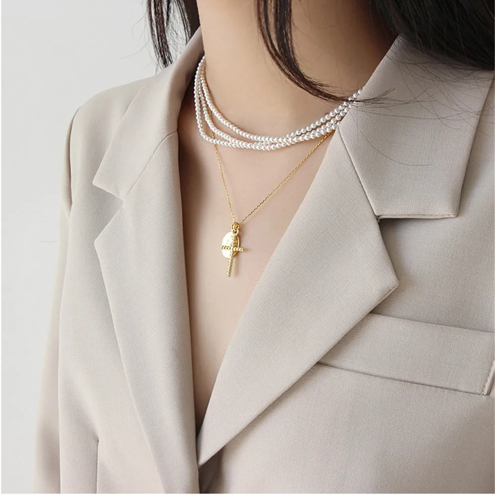 ANDYWEN 925 Sterling Silve Gold Cross Oval Double Pendent Long Chain Necklace Collar 2020 European Rock Punk Thicker Big Jewelry