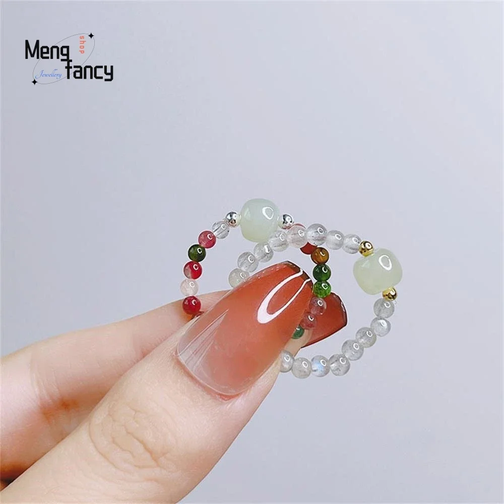 Natural Tourmaline Female Simple Single Section and Field Jade Gray Moonlight Beaded Finger Ring Retro Personalized Hand Jewelry