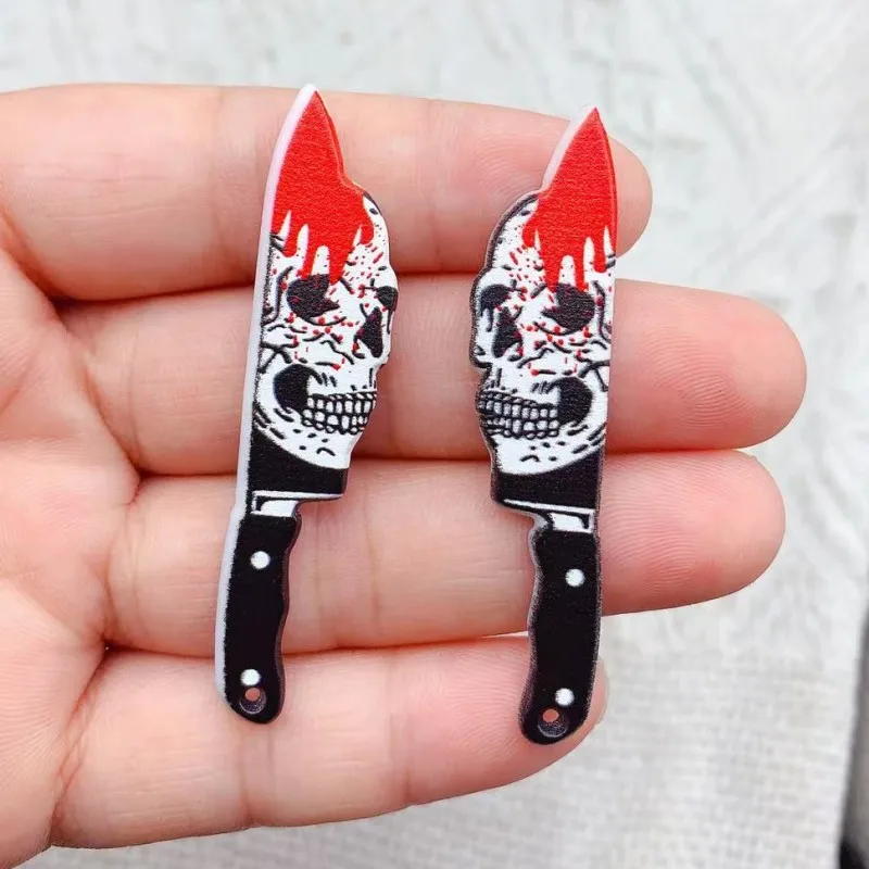 10pcs Double-Sided Gothic Black Flower Dagger Acrylic Charms Hallowmas Knife Earring Keychain Pendant Diy Cool Jewelry Make