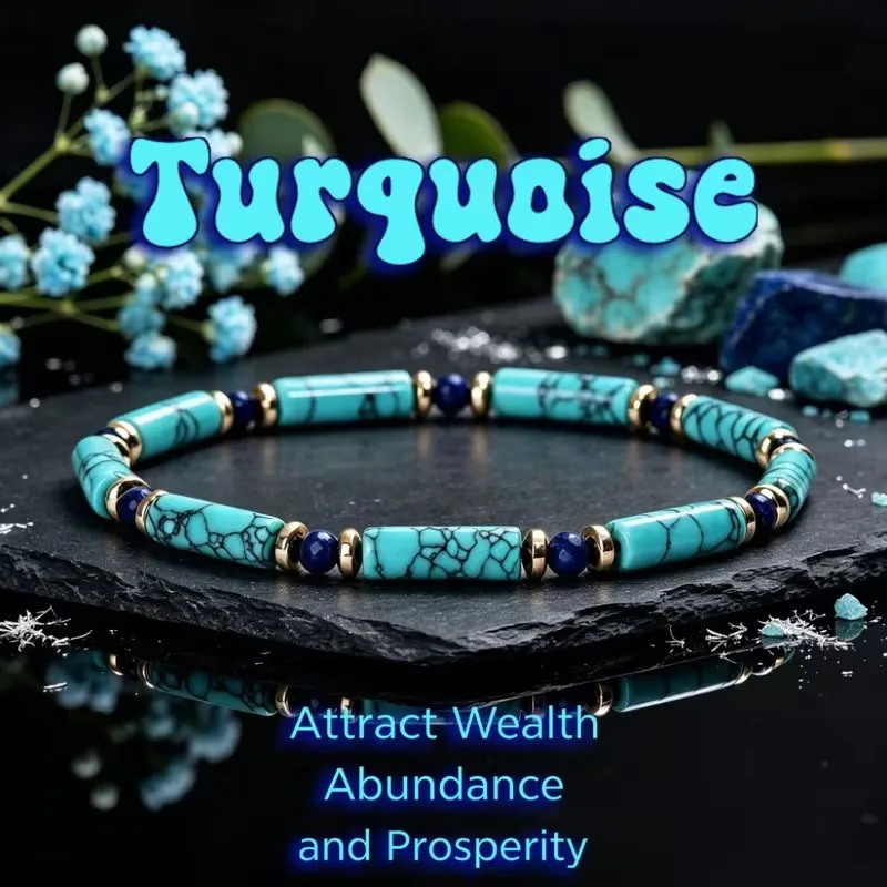 Natural Turquoise and Lapis Lazuli Tube Beaded Bracelet for Women Luxury Symbolizing Wealth Abundance Attraction Stretch Jewelry