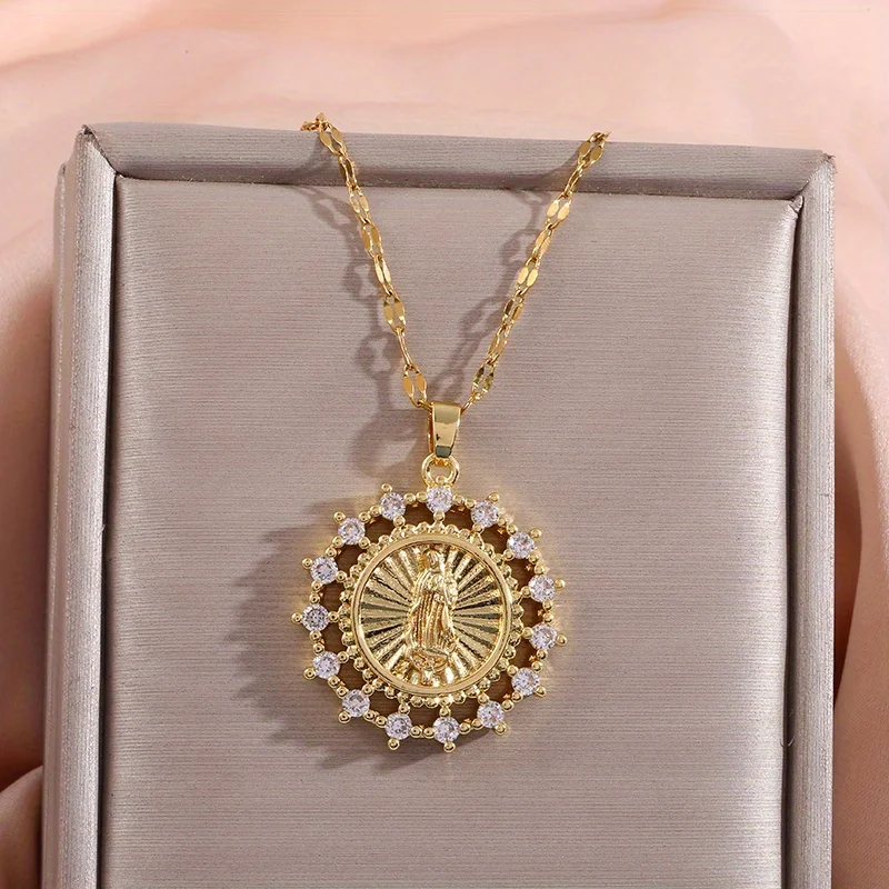 Collar con colgante de la Virgen María con estampado floral de moda, regalo de aniversario para la familia