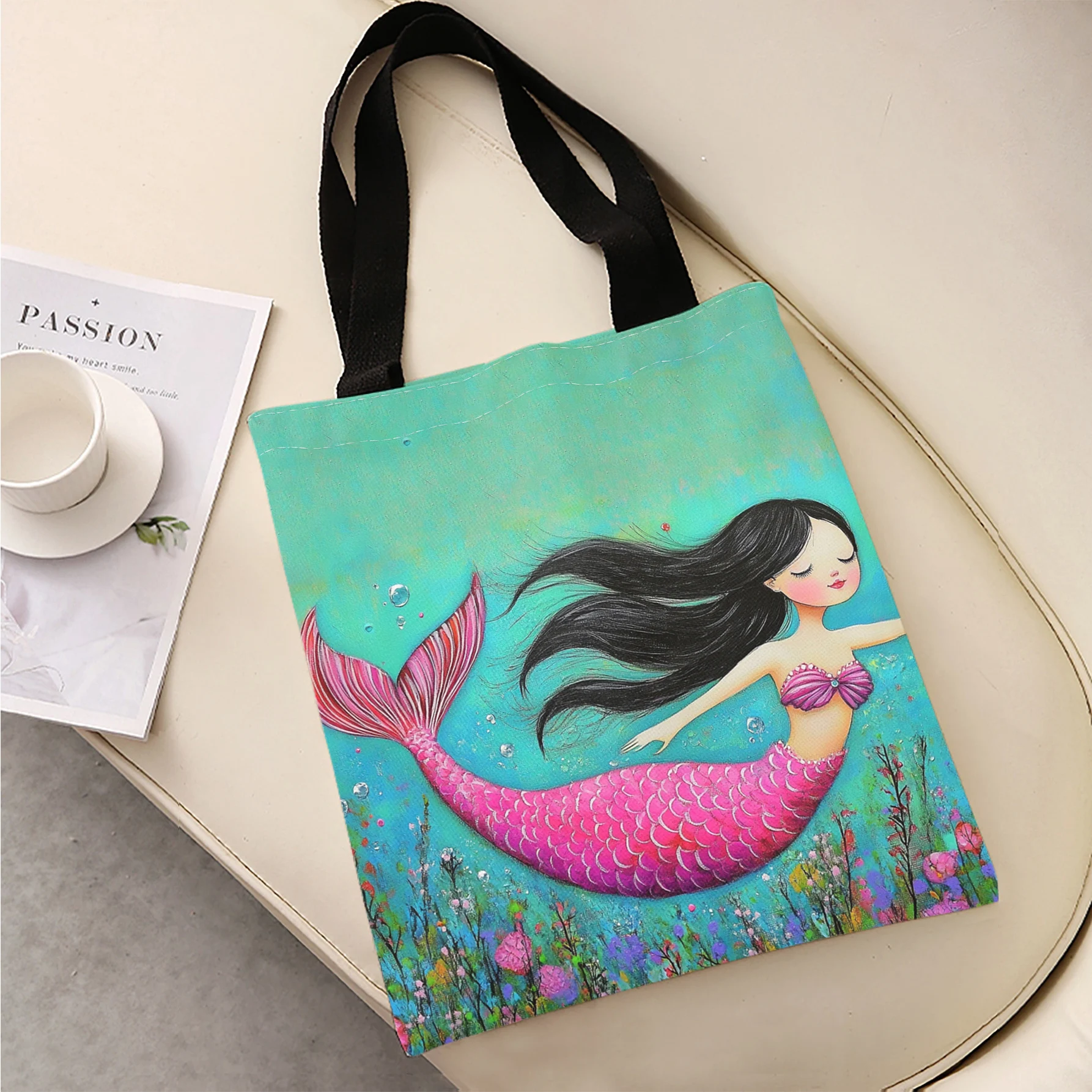 Mermaid Print Tote Bag With Black Handles Large Shoulder Handbag For Shopping Daily Use