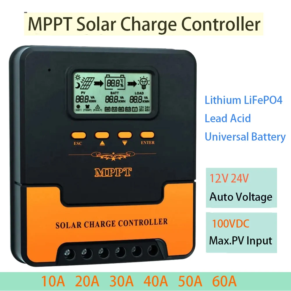 

MPPT Solar Auto Charger Controller 10A/20A/30A/40A/50A/60A 12V 24V Smart PV Regulator For LiFePO4 Lithium GEL Lead Acid Battery