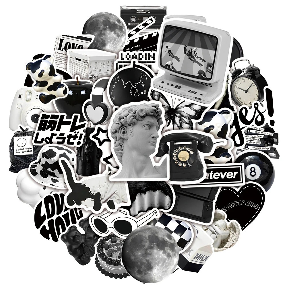 10/30/50pcs Cool Black White Art Ins Style Stickers Aesthetic Graffiti Sticker Suitcase Guitar Phone Case Bike Decals Decoration