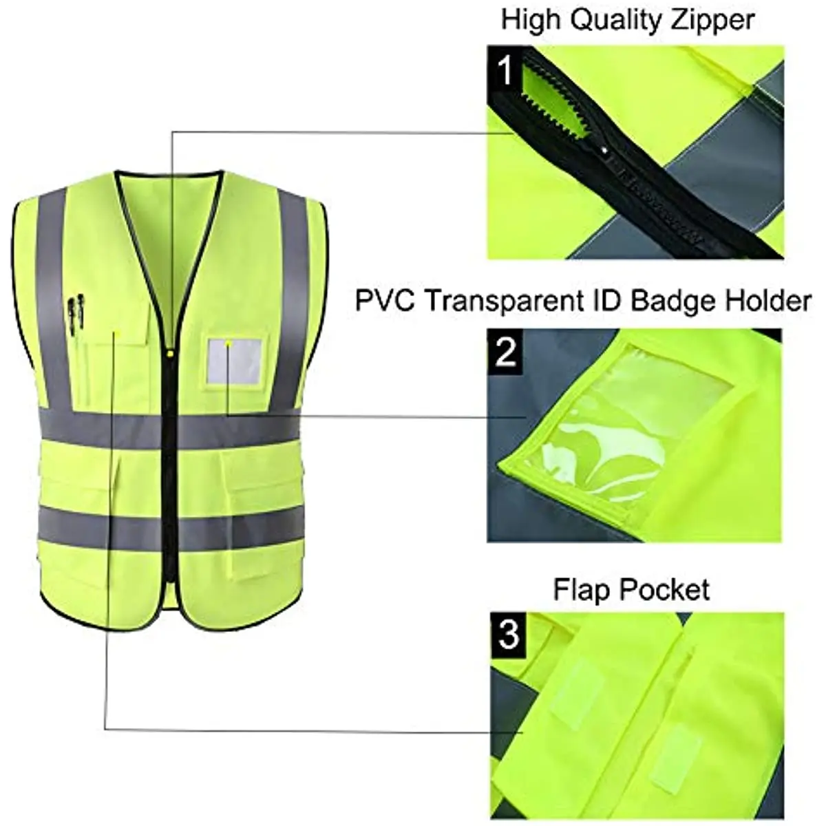 High Visibility Reflective Safety Vest with Pockets and Zipper Front, Neon Yellow, Meets ANSI/ISEA Standards