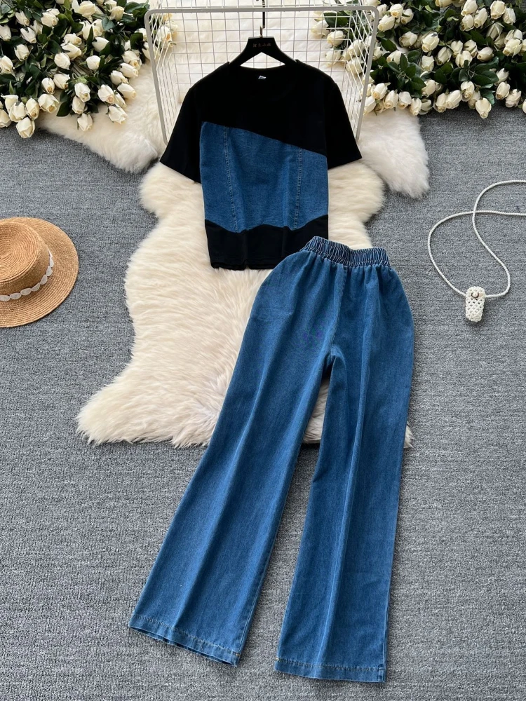 Pant Set Women Two Piece Sets Matching Sets Short Sleeve Denim Splice Tops Wide Leg Long Pants Elastic Waist Y2k Casual 2025