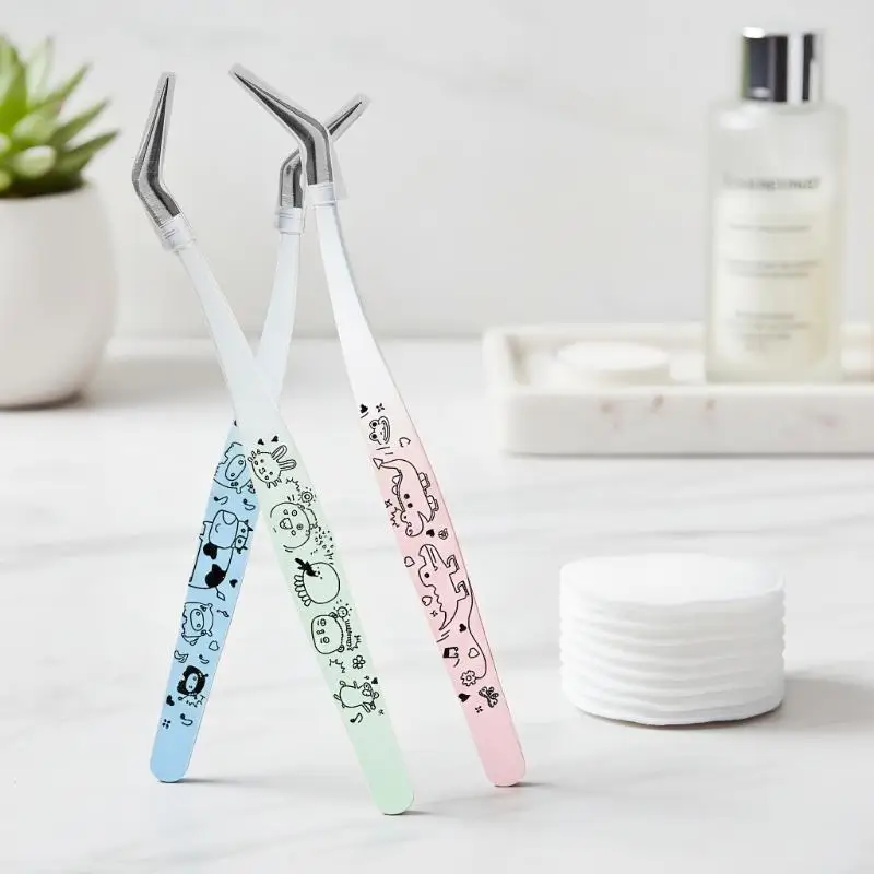Pinzas para pestañas postizas con estampado de dibujos animados, pinzas para extensión de pestañas 3D profesionales curvadas de acero inoxidable, herramientas de maquillaje