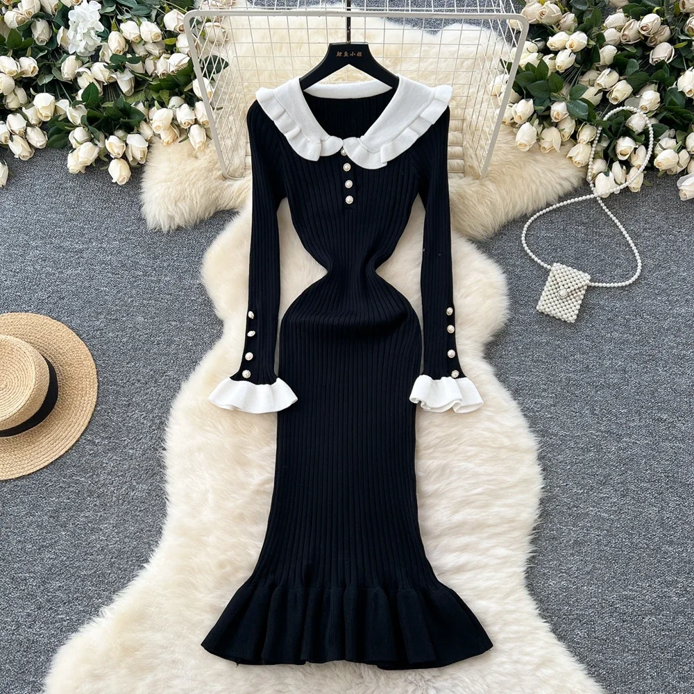 2024 Ruffled Patchwork Knit Maxi Dress For Women Elegant Ribbed Long Sleeve Party Dress Gown Slim Knitwear Fashion Long Dress