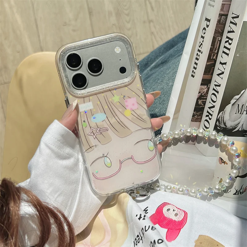 

Kawaii Cute Cartoon Girl Glitter Clear Phone Case For iPhone 17 16 15 Pro Max Strap Shockproof Protective Cover For Girls