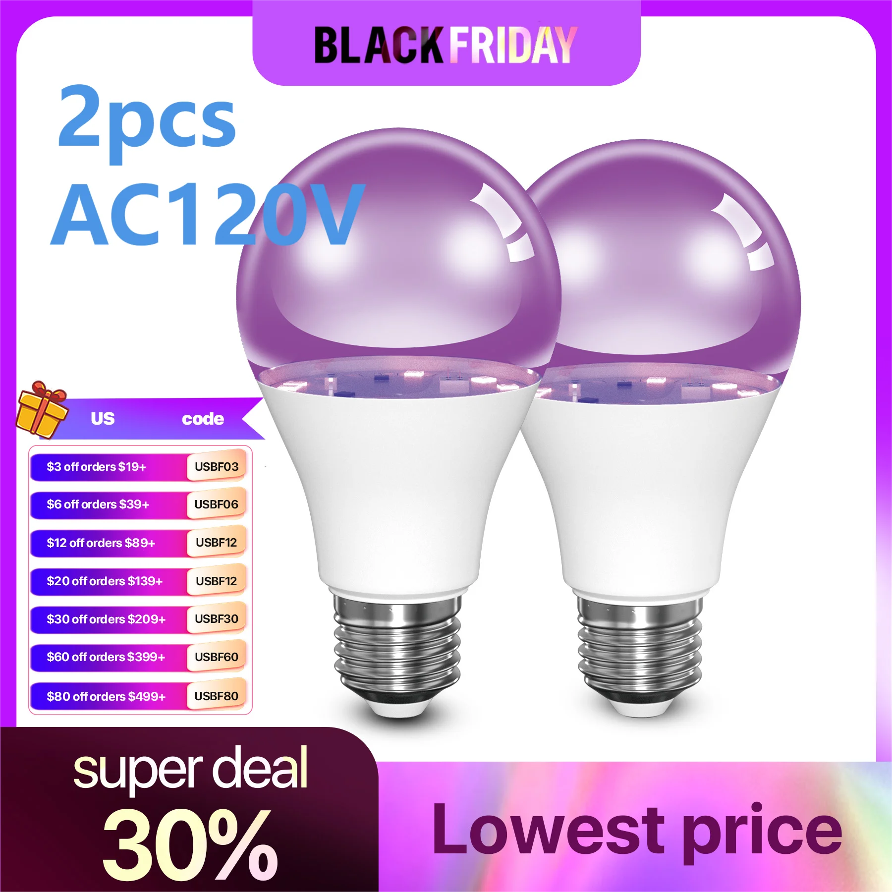 E26 9W UV Purple LED Light Bulb AC 120V PurpleTransparent Cover Hotel Party Ghost House Fluorescent Atmosphere Decoration Light