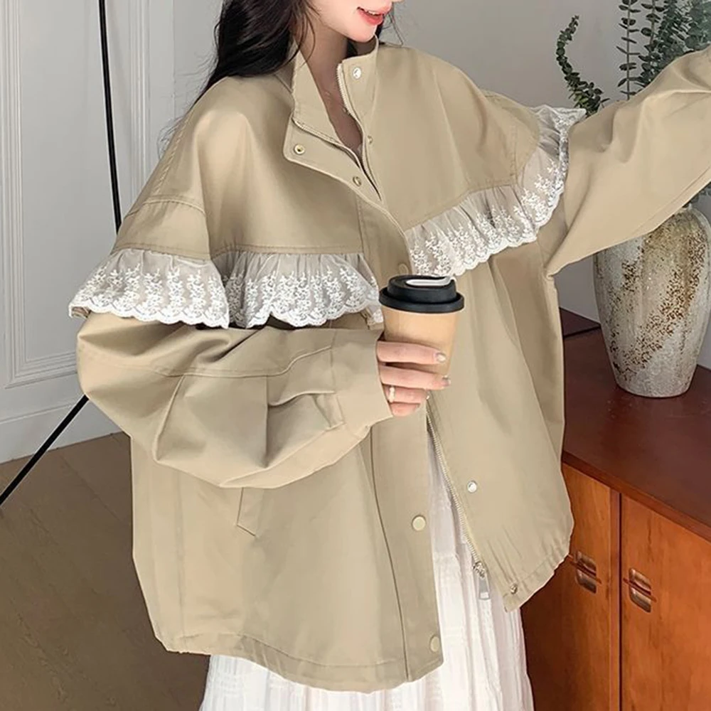 Khaki lace Korean spring coat women's 2025 new popular design small jacket top for women
