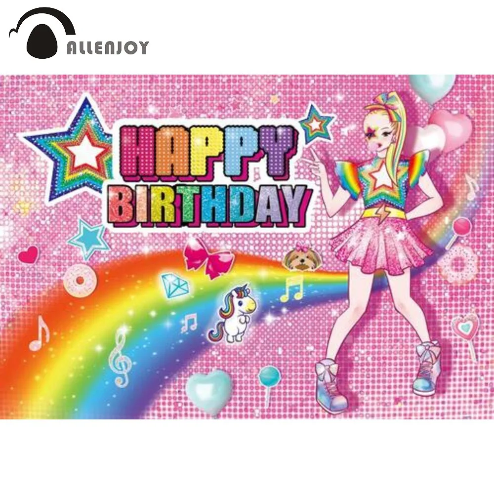 Allenjoy feliz aniversário tema pano de fundo meninas rosa brilho arco-íris estrela unicórnio chá de fraldas festa suprimentos decoração foto cabine