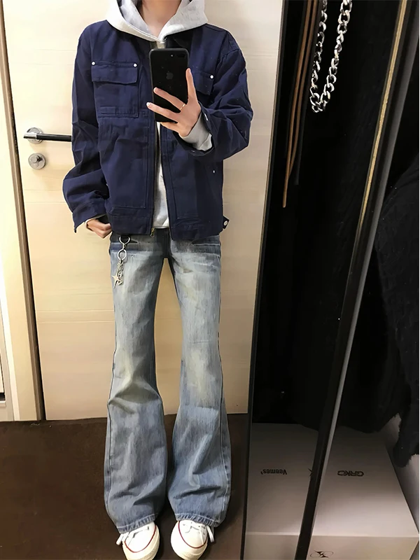 

Cleanfit Blue Lightning Pattern Men's Jeans High Waist Straight Leg Pants Slim Fit High Street Vibe Teenage Youth Faion