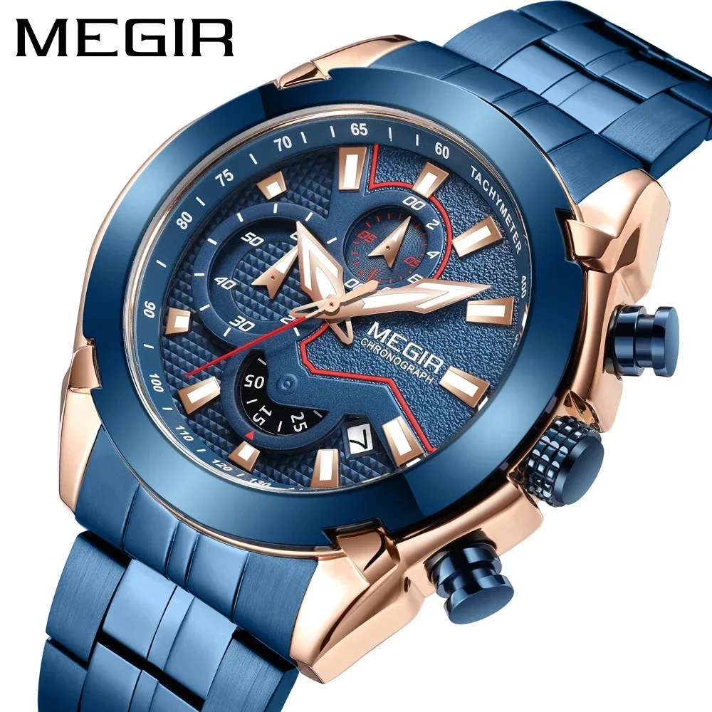 MEGIR Top Brand Luxury Men's Watches Stainless Steel Band Wristwatch Casual Sport Quartz Chronograph with Luminous Pointers