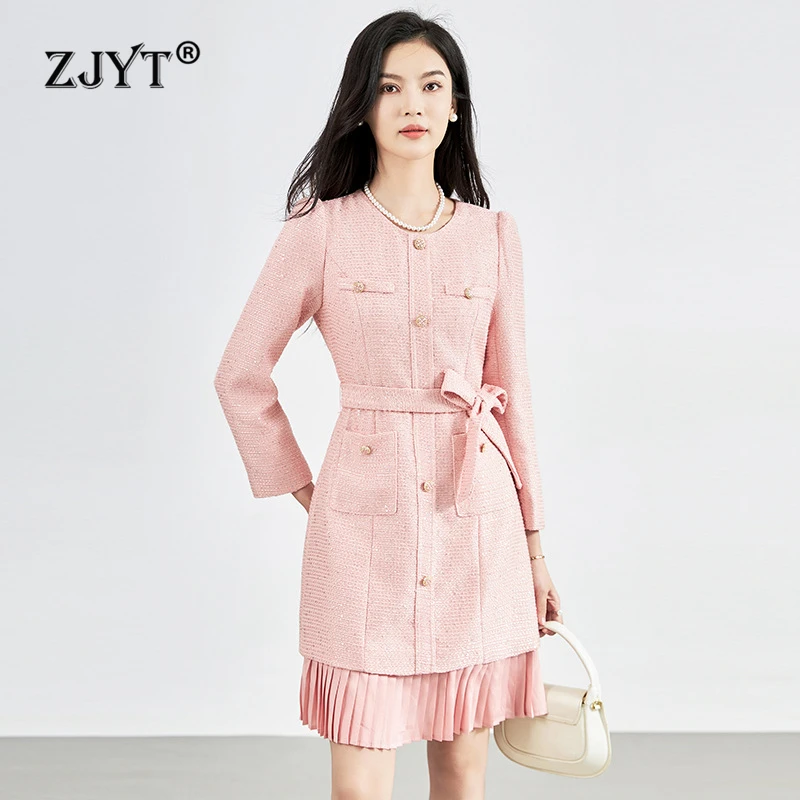 

ZJYT New Fashion Autumn Tweed Dresses for Women 2024 Long Sleeve Belt Ruffles Patchwork Pleated Knee Length Dress Pink White