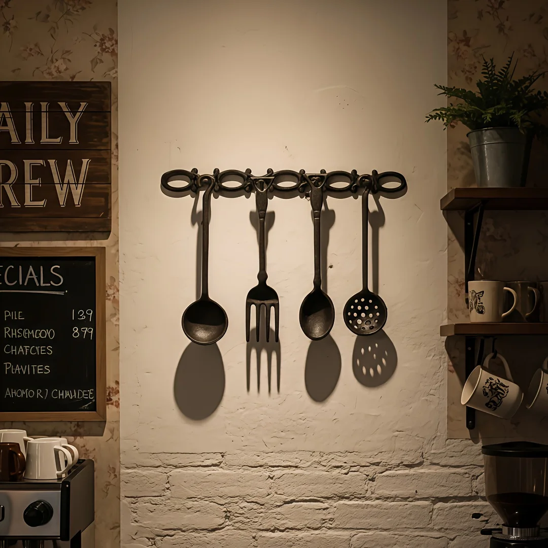 Vintage Cast Iron Utensil Wall Decor Spoon Fork Wall Hanging Rustic Kitchen Diner Farmhouse Wall Art with 4 Hooks Chef Gift
