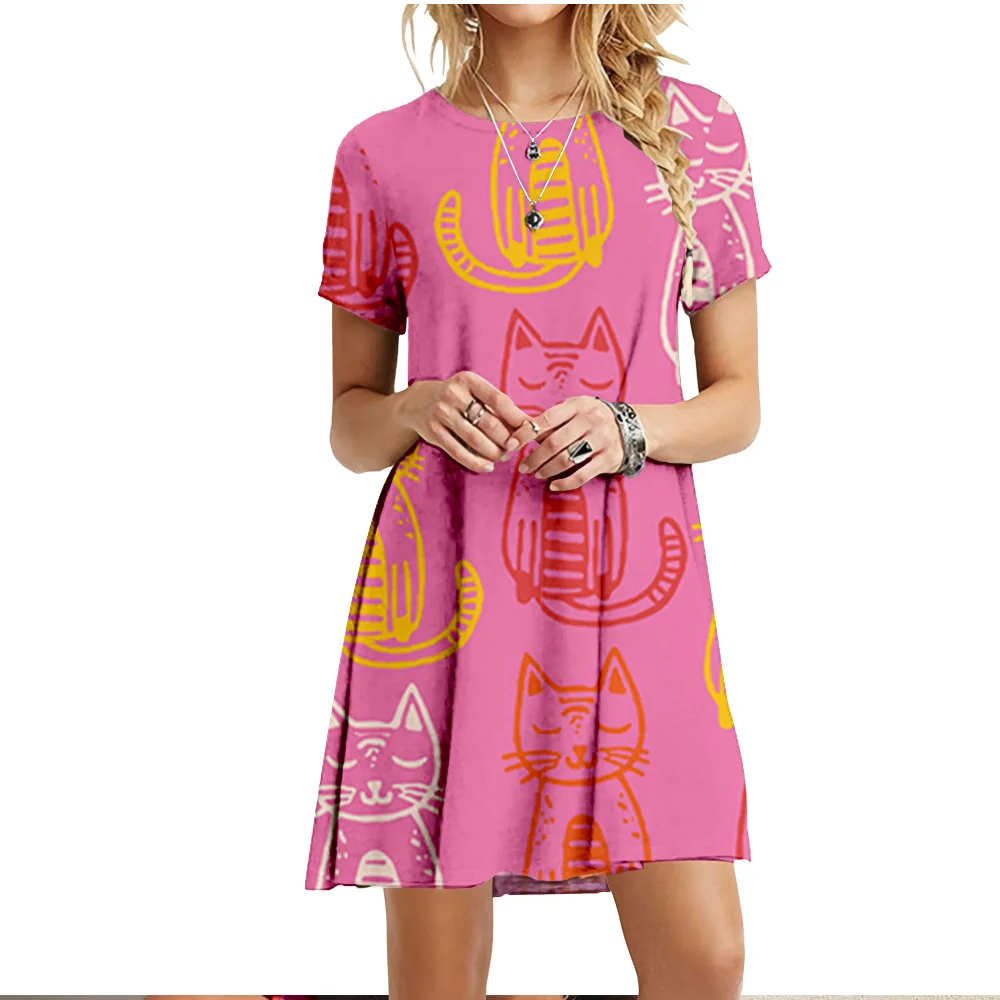 Cute Fashion Cartoon Cats Dresses For Women 2022 Short Sleeve Summer Loose Clothing Oversized Street Casual Pattern Print Dress